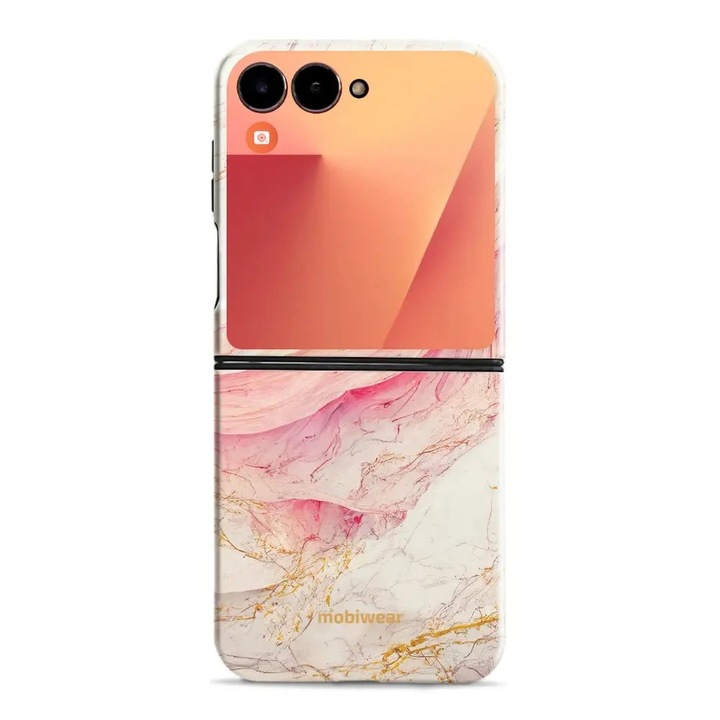 Устойчив калъф Mobiwear Elite Pro за Samsung Galaxy Z Flip 7, розов и златен мрамор, стойка, магнитно закопчаване