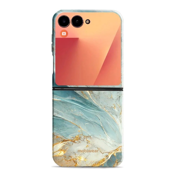Устойчив калъф Mobiwear Elite Pro за Samsung Galaxy Z Flip 7, зелен и златен мрамор, стойка, магнитно затваряне