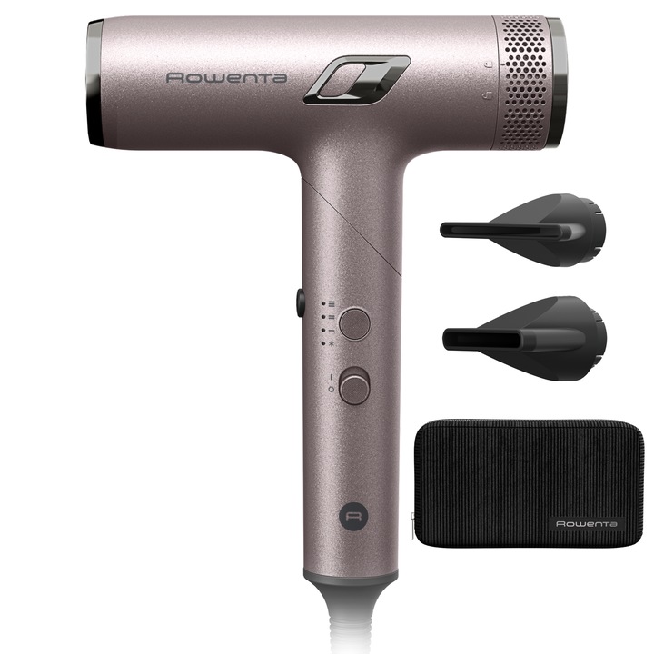 Сгъваем сешоар Rowenta Nano Fold HY5830E0, 1700W, Ултра бърз мотор 266 км/ч, Йонна технология, 2 степени на температура и скорост, Компактен дизайн, 70% по-малък, Концентраторна дюза, Включен калъф, Розов/Черен