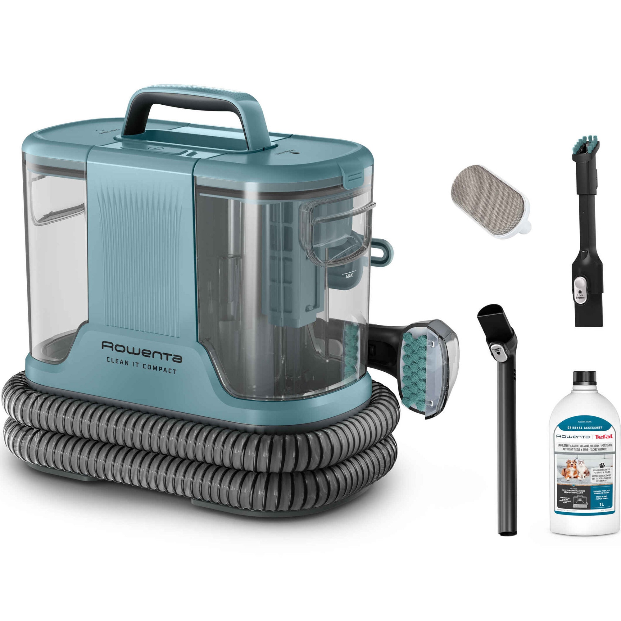 Aspirator cu spalare Rowenta Clean IT IN3021F0, 400W, putere aspirare 11.5kPa, rezervor apa & detergent 1.4L, rezervor apa murdara 0.85L, perie 8 cm, perie spatii inguste, accesori