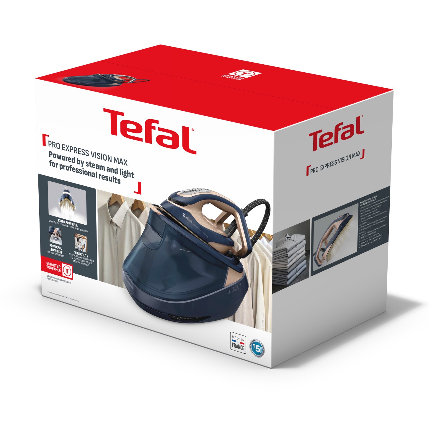 Statie de calcat cu abur Tefal Pro Express Vision Max GV9910E0, 3000W, 9 bari, jet de abur 820 g/min, abur variabil 0–215 g/min, abur vertical, iluminare LED, talpa Microsteam 400 HD, 5 setari, oprire automata, sistem antipicurare, albastru & bej
