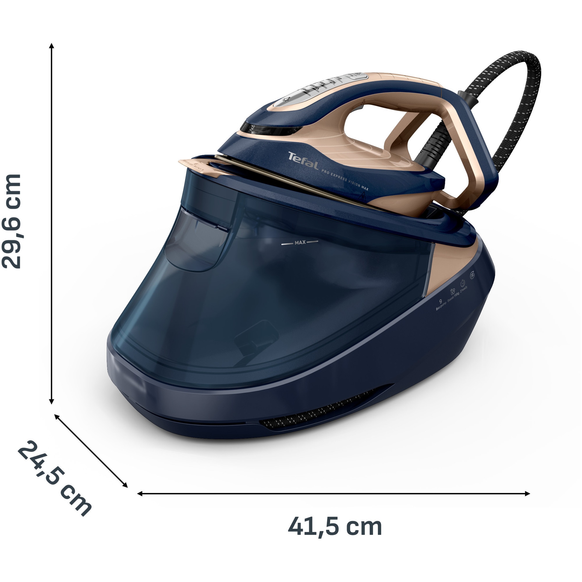 Statie de calcat cu abur Tefal Pro Express Vision Max GV9910E0, 3000W, 9 bari, jet de abur 820 g/min, abur variabil 0–215 g/min, abur vertical, iluminare LED, talpa Microsteam 400 HD, 5 setari, oprire automata, sistem antipicurare, albastru & bej