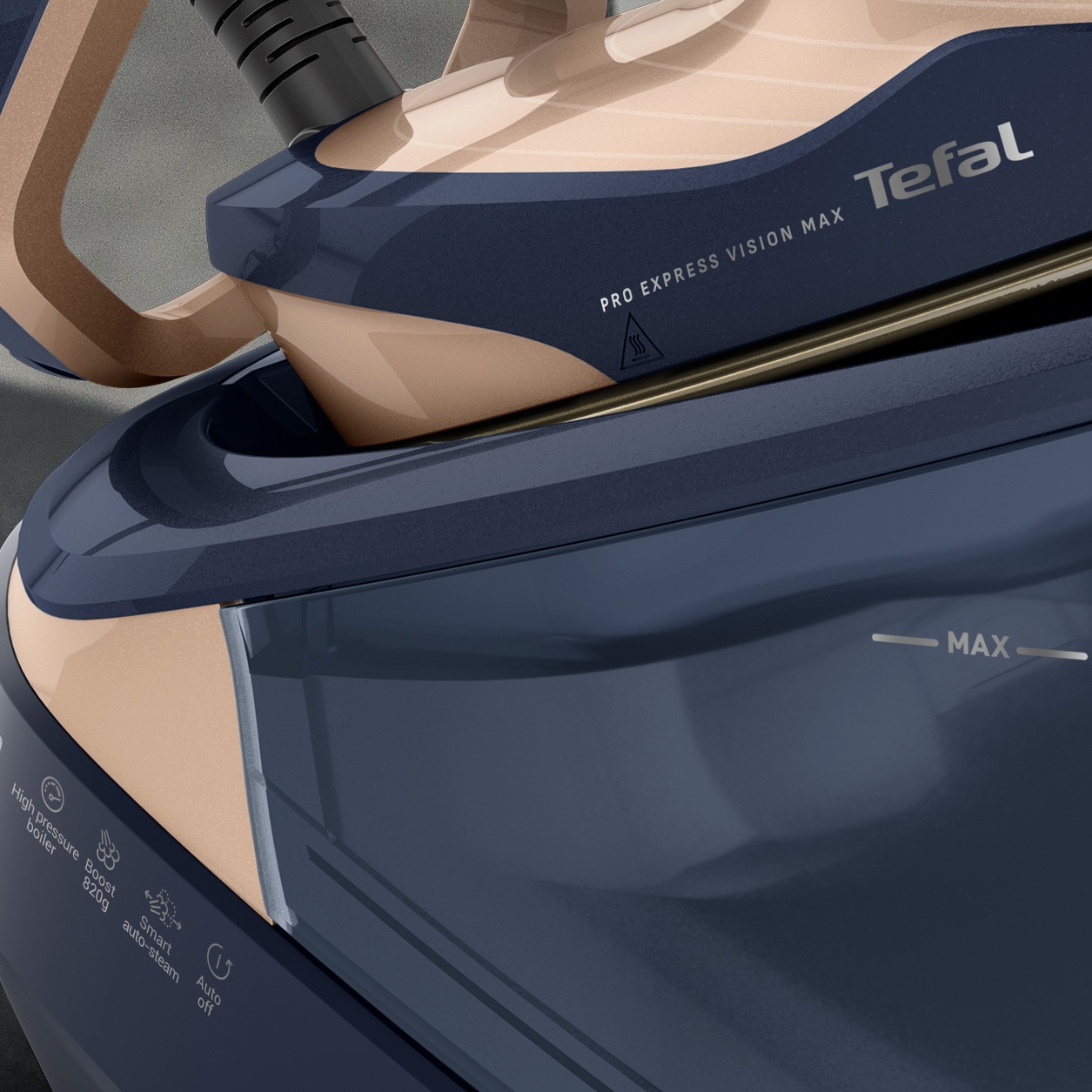 Statie de calcat cu abur Tefal Pro Express Vision Max GV9910E0, 3000W, 9 bari, jet de abur 820 g/min, abur variabil 0–215 g/min, abur vertical, iluminare LED, talpa Microsteam 400 HD, 5 setari, oprire automata, sistem antipicurare, albastru & bej