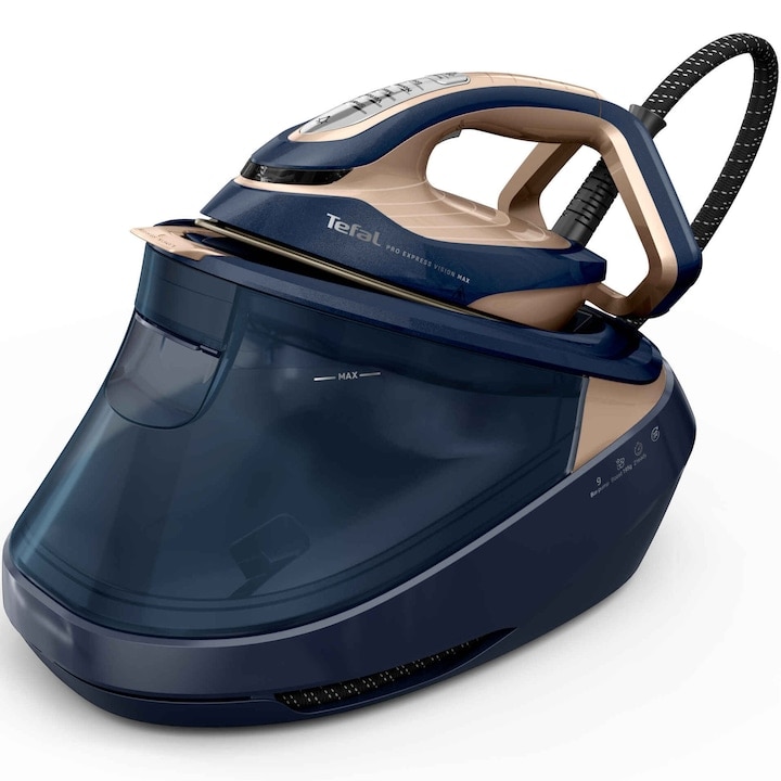 Statie de calcat cu abur Tefal Pro Express Vision Max GV9910E0, 3000W, 9 bari, jet de abur 820 g/min, abur variabil 0–215 g/min, abur vertical, iluminare LED, talpa Microsteam 400