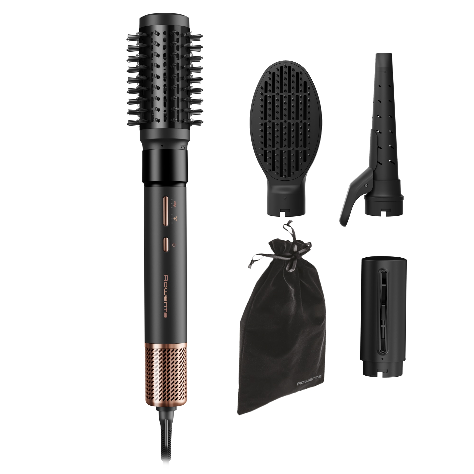 Perie multifunctionala cu aer cald Rowenta Air Shape UB9820E0, 1100W, non-rotativa, invelis ceramic, generator de ioni, 3 trepte viteza si temperatura, concentrator, negru & bronz