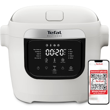 Multicooker Tefal Multicook Basic MY700B30, 700W, capacitate 6L, 10 programe de gatire, panou de comanda digital, oprire automata, vas antiaderent, timp si temperatura ajustabile, alb & negru