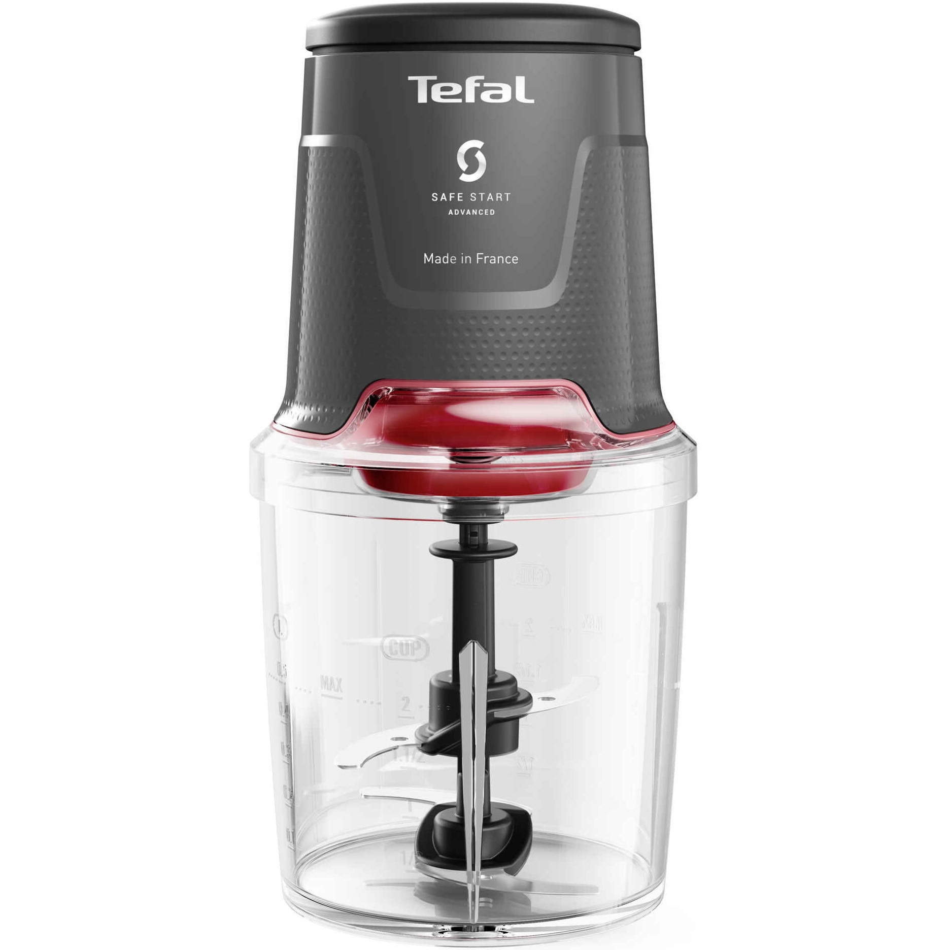 Tocator electric de legume Tefal Easy Press MQ740HF0, 500W, recipient 0.5L, 4 lame Powelix, 3 functii de tocare, maruntire si mixare, tehnologie Safe Start Advanced, gri & rosu