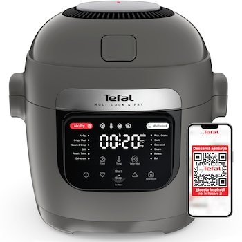 Multicooker inteligent Tefal Multicook & Fry MY731BF0, 1200W, capacitate vas ceramic antiaderent 6L, 12 programe automate, functie aer cald, functie pastrare la cald, temperatura reglabila, gri