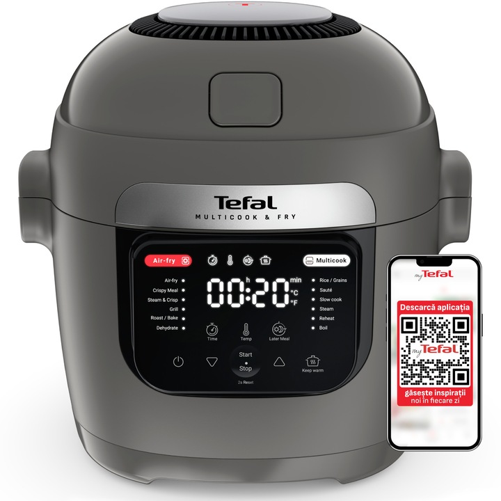 Tefal Multicook & Fry MY731BF0 multifunkciós főzőedény, 1600 W, 6 l, 12 automatikus program, Sütés nyomás alatt és forró levegővel, Melegen tartás funkció, Tapadásmentes kerámia edény, Mosogatógépben mosható, MyTefal alkalmazás, Fehér/Fekete