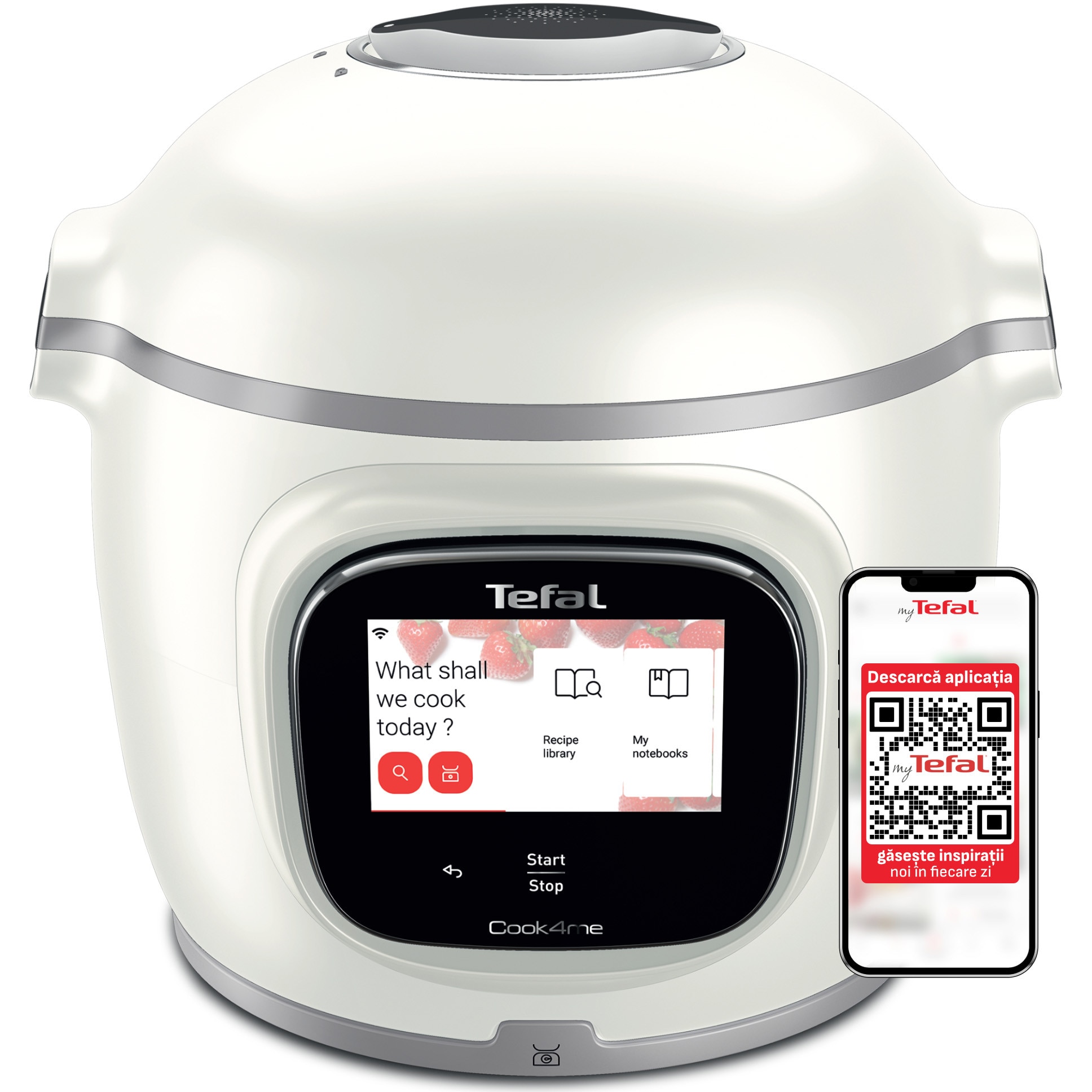 Multicooker inteligent cu gatire sub presiune Tefal Cook4me Touch Pro CY9441F2, 1600W, vas ceramic antiaderent 6L, 13 programe de gatire, Wi-Fi, cantar integrat, ecran tactil LCD, aplicatie dedicata, 250 retete preinstalate, pana la 6 persoane, alb