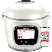 Multicooker inteligent cu gatire sub presiune Tefal Cook4me Touch Pro CY9441F2, 1600W, vas ceramic antiaderent 6L, 13 programe de gatire, Wi-Fi, cantar integrat, ecran tactil LCD, aplicatie dedicata, 250 retete preinstalate, pana la 6 persoane, alb