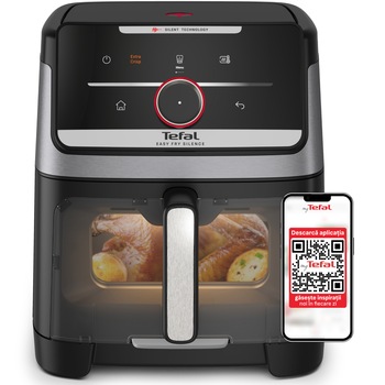 Friteuza cu aer cald Tefal Easy Fry Silence EY876DE1 air fryer, 1800W, capacitate 7L, 12 programe presetate, temperatura ajustabila 40-220°C, Smart Assist, oprire automata, fereastra supraveghere, panou frontal detasabil, grila ajustabila, argintiu&negru.