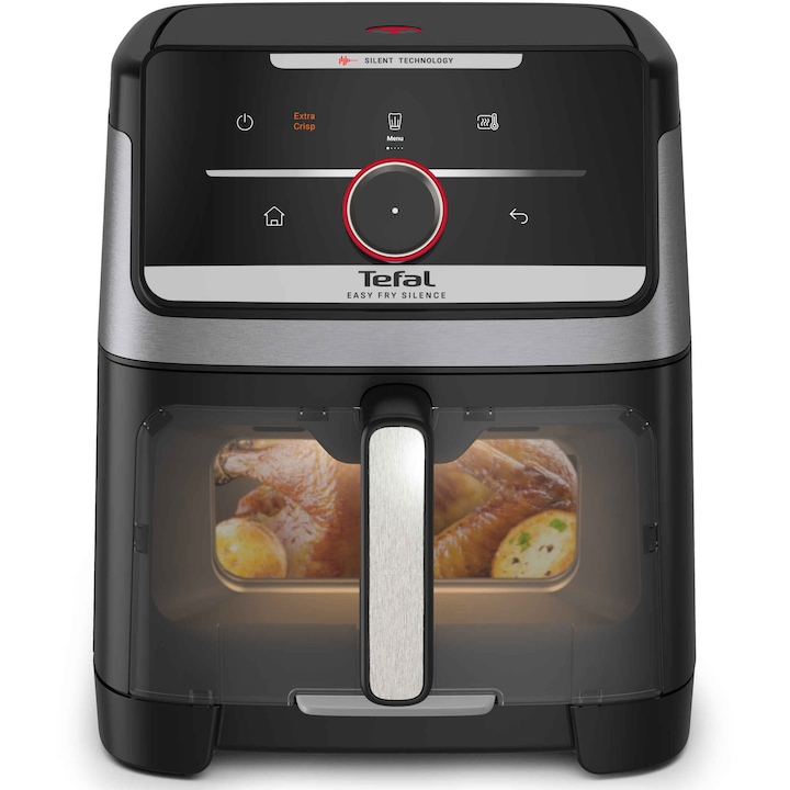 Фритюрник с горещ въздух Tefal Easy Fry Silence EY876DE1, 1800W, Капацитет 7 л, Регулируема температура 40-220°C, Smart Assist, Автоматично изключване, Прозорец за наблюдение, Подвижен преден панел, Регулируема решетка, Сребрист/Черен