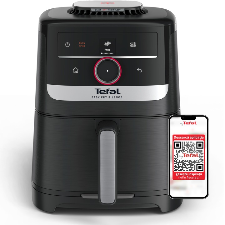 Friteuza cu aer cald Tefal Easy Fry Silence air fryer EY5728E1, 1670W, capacitate 5L, 11 programe presetate, temperatura ajustabila 40-220°C, Smart Assist, gatire silensioasa, oprire automata, panou frontal detasabil, capac depozitare, negru.