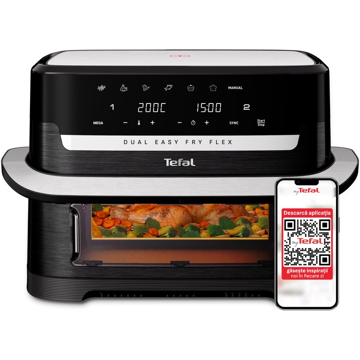 Friteuza dubla cu aer cald Tefal Dual Easy Fry Flex EY9228E0 air fryer, 2700W, capacitate 9L, 7 programe, gatire pe 2 zone cu divizorul FlexCook, temperatura ajustabila 40-200°C, display digital, mod Sync, oprire automata, negru & argintiu