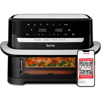 Friteuza dubla cu aer cald Tefal Dual Easy Fry Flex EY9228E0 air fryer, 2700W, capacitate 9L, 7 programe, gatire pe 2 zone cu divizorul FlexCook, temperatura ajustabila 40-200°C, display digital, mod Sync, oprire automata, negru & argintiu