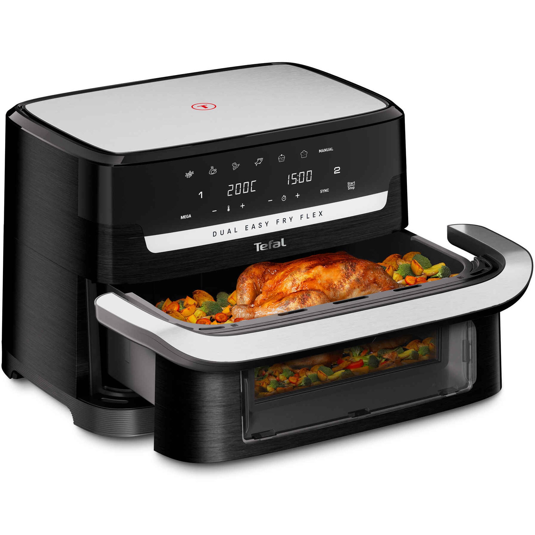 Friteuza dubla cu aer cald Tefal Dual Easy Fry Flex EY9228E0 air fryer, 2700W, capacitate 9L, 7 programe automate, gatire pe 2 zone cu divizorul FlexCook, temperatura ajustabila 40