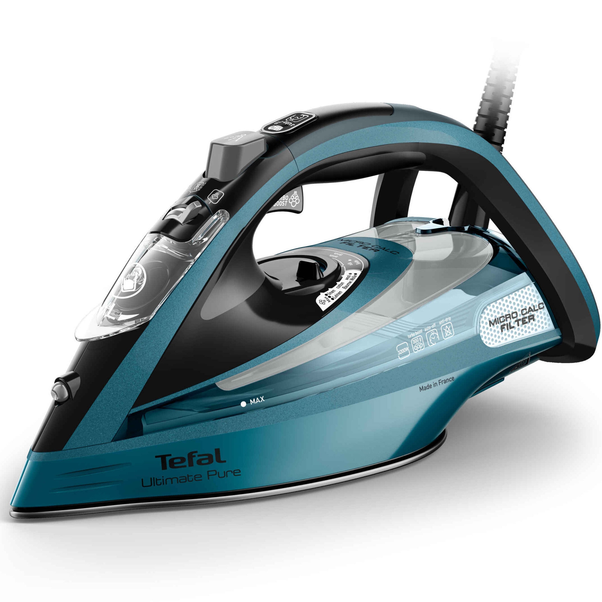 Fier de calcat cu aburi Tefal Ultimate Pure FV9851E0, 3200W, jet de abur 300 g/min, abur variabil 0-60 g/min, rezervor apa 350 ml, talpa Durilium AirGlide AutoClean, filtru antical