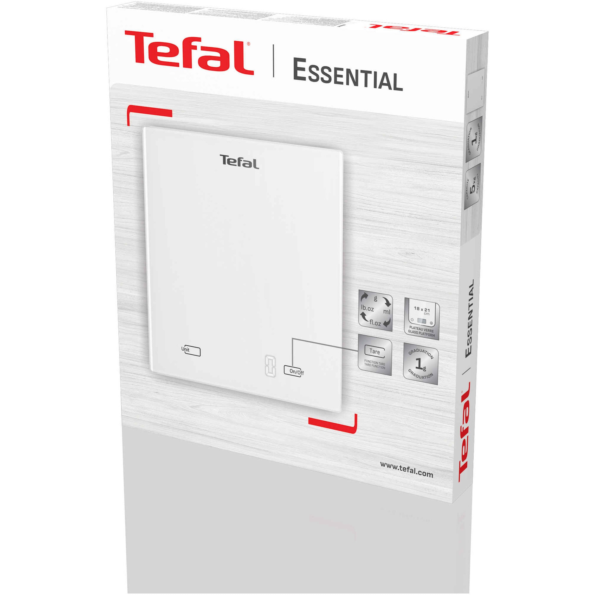 Cantar de bucatarie Tefal Essential BC5504V0, 5 kg, sticla securizata, functie Tara, functie de cantarire a lichidelor, precizie 1g, oprire automata, 2 baterii incluse, alb