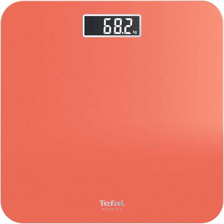 Кантар Tefal Premiss PP1803V0, Максимално тегло 160 кг, Автоматично стартиране и спиране, Повърхност от закалено стъкло, Включени батерии, Оранжев
