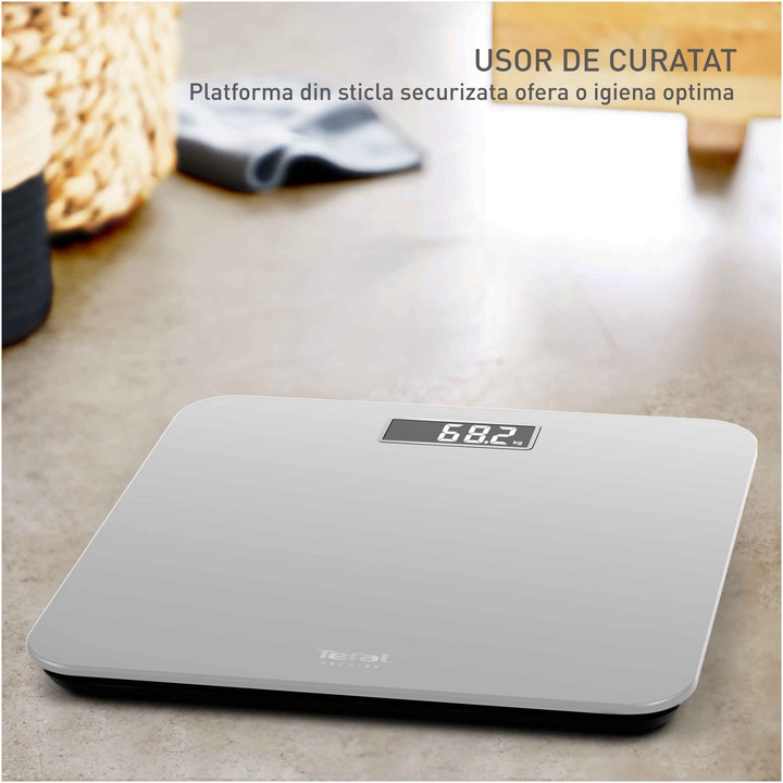 Cantar de baie Tefal Premiss PP1801V0, greutate maxima 160 kg, pornire & oprire automata, suprafata de sticla securizata, baterii incluse, argintiu