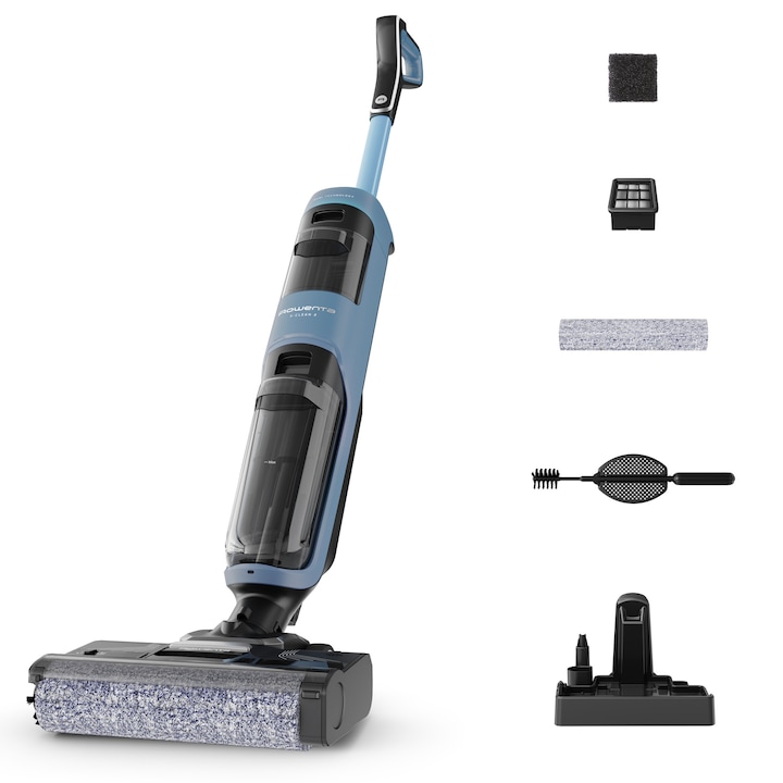 Вертикална безжична прахосмукачка с мокро почистване Rowenta X-Clean 2 GZ2271E0, 120W, 440 RPM, До 35 мин автономност, Мокро и сухо почистване, Капацитет на резервоара за мръсна вода 0.44 л, Функция за самопочистване, Контролен панел, Син/Черен