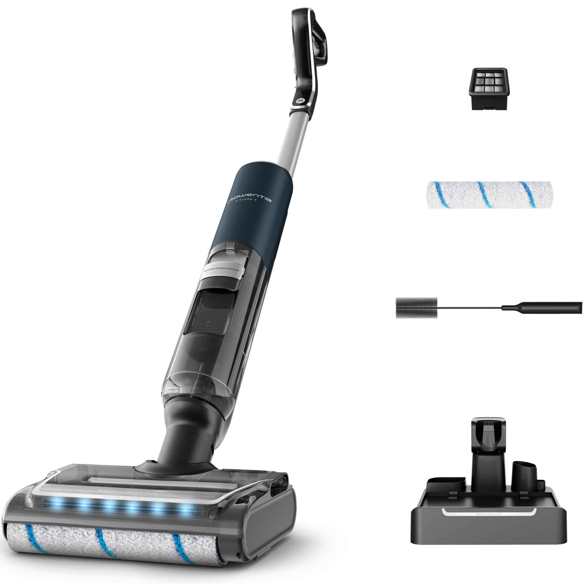Aspirator vertical fara fir cu spalare Rowenta X-Clean 7 GZ5735E0, 250W, 530 RPM, pana la 50 min autonomie, aspirare umeda si uscata, capacitate rezervor apa murdara 0.5L, functie