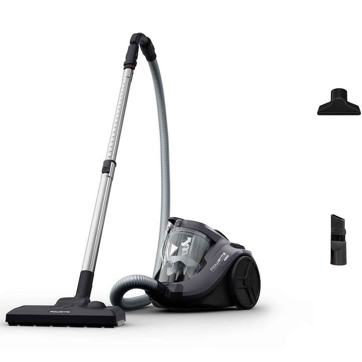 Aspirator fara sac Rowenta Compact Power™ Cyclonic RO3726EA, 750W, recipient praf 1.5L, filtrare 99.98%, raza de operare 8.8m, tub metalic telescopic, zgomot redus 79 dB(A), sistem CleanExpress, gri