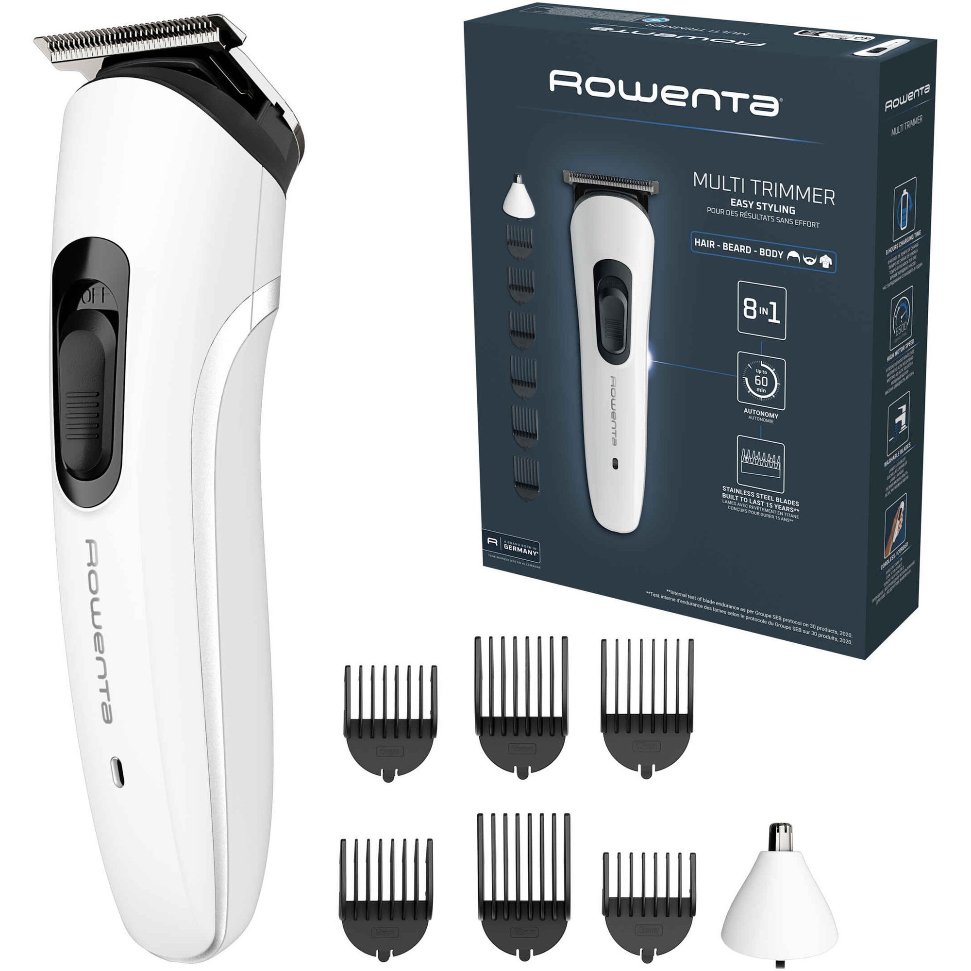 Aparat de tuns multifunctional Rowenta Trim & Style 8 in 1 TN8934E0, autonomie 60 min, 6 piepteni, 6500 RPM, setare precizie 3 mm, indicator LED baterie, lame lavabile si detasabil