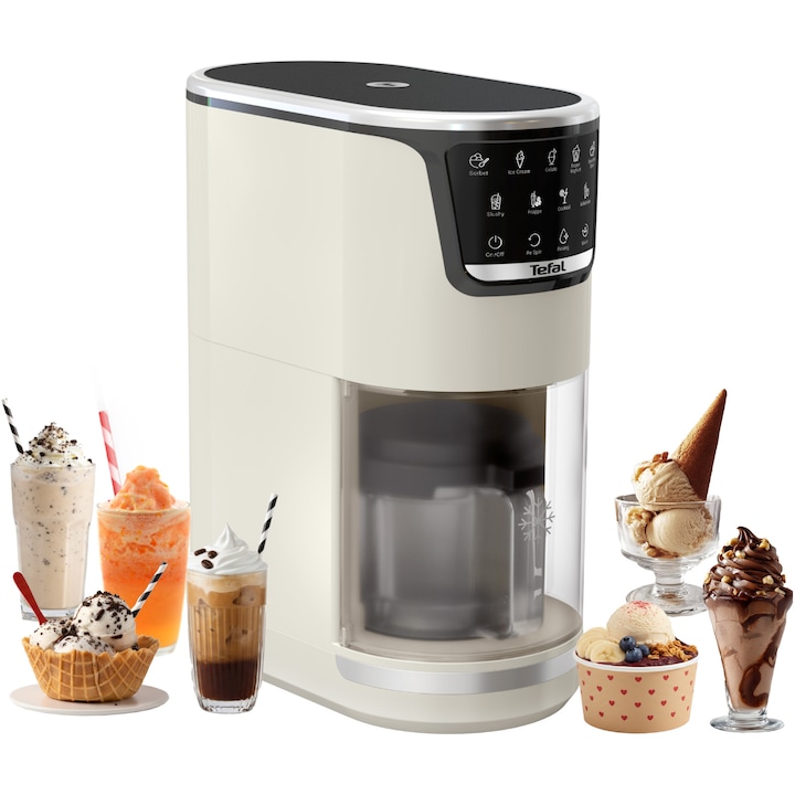 Tefal Dolci IG602AE0 fagylaltgép, 10 program, 3 x 0.46 l kapacitás, Tritán tartályok, Egyedi 1-Step Perfector technológia, Automatikus tisztítóprogram, Auto Mix-In program, Krém/Fekete