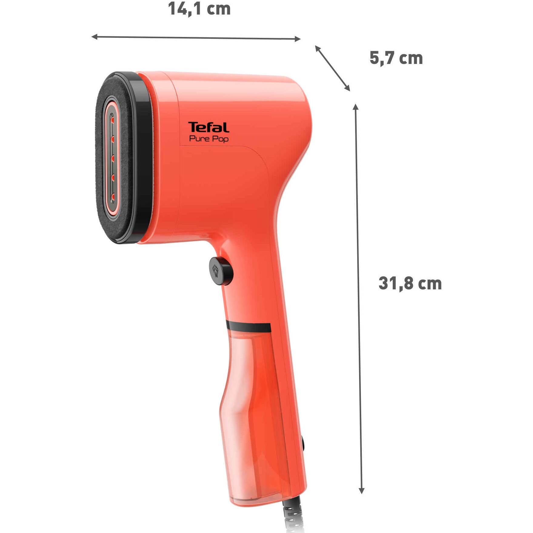 Aparat de calcat vertical cu abur Tefal Pure Pop DT2022E1, 1300W, abur variabil pana la 20g/min, recipient apa 70 ml detasabil, paduri reversibile, incalzire rapida 15 secunde, rosu