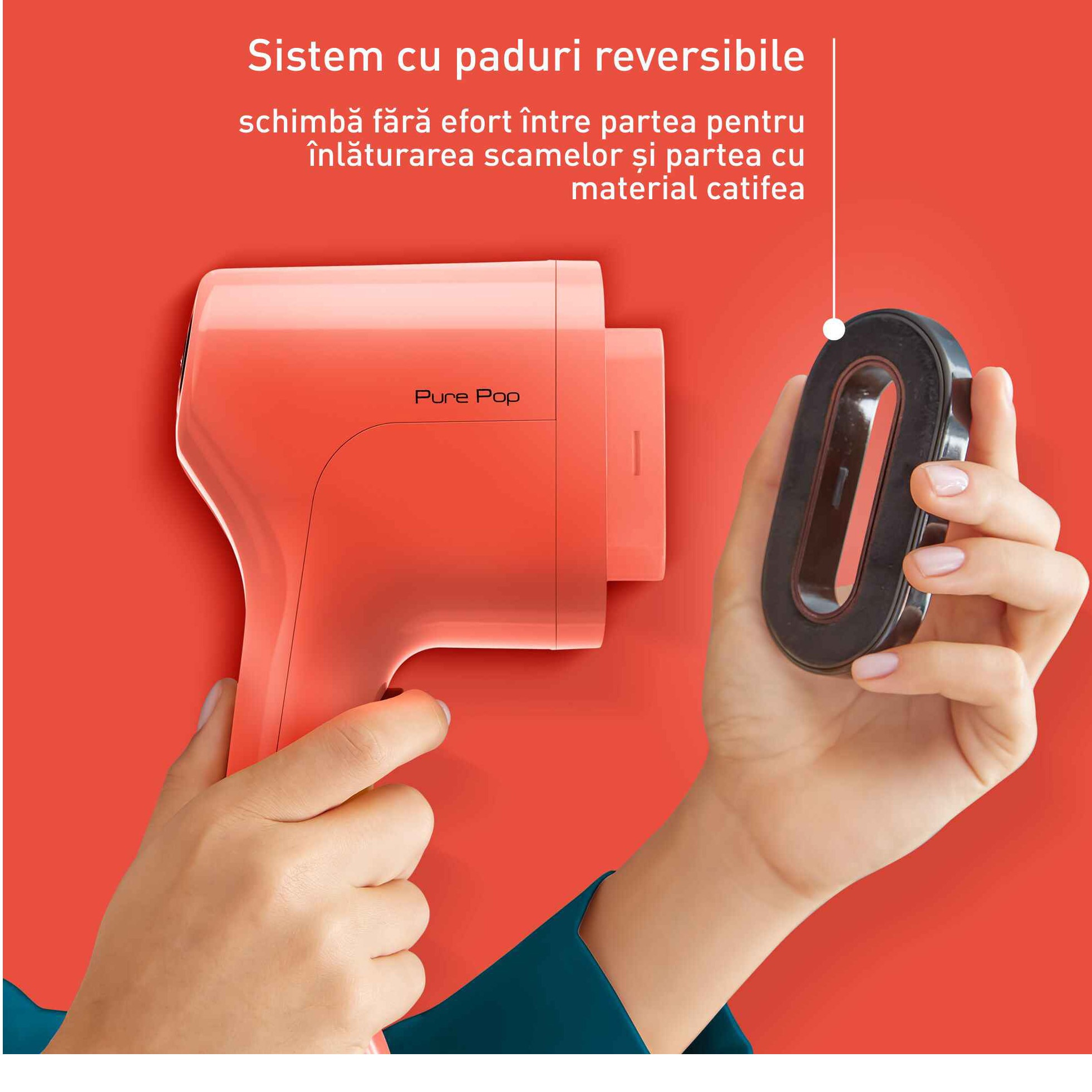 Aparat de calcat vertical cu abur Tefal Pure Pop DT2022E1, 1300W, abur variabil pana la 20g/min, recipient apa 70 ml detasabil, paduri reversibile, incalzire rapida 15 secunde, rosu