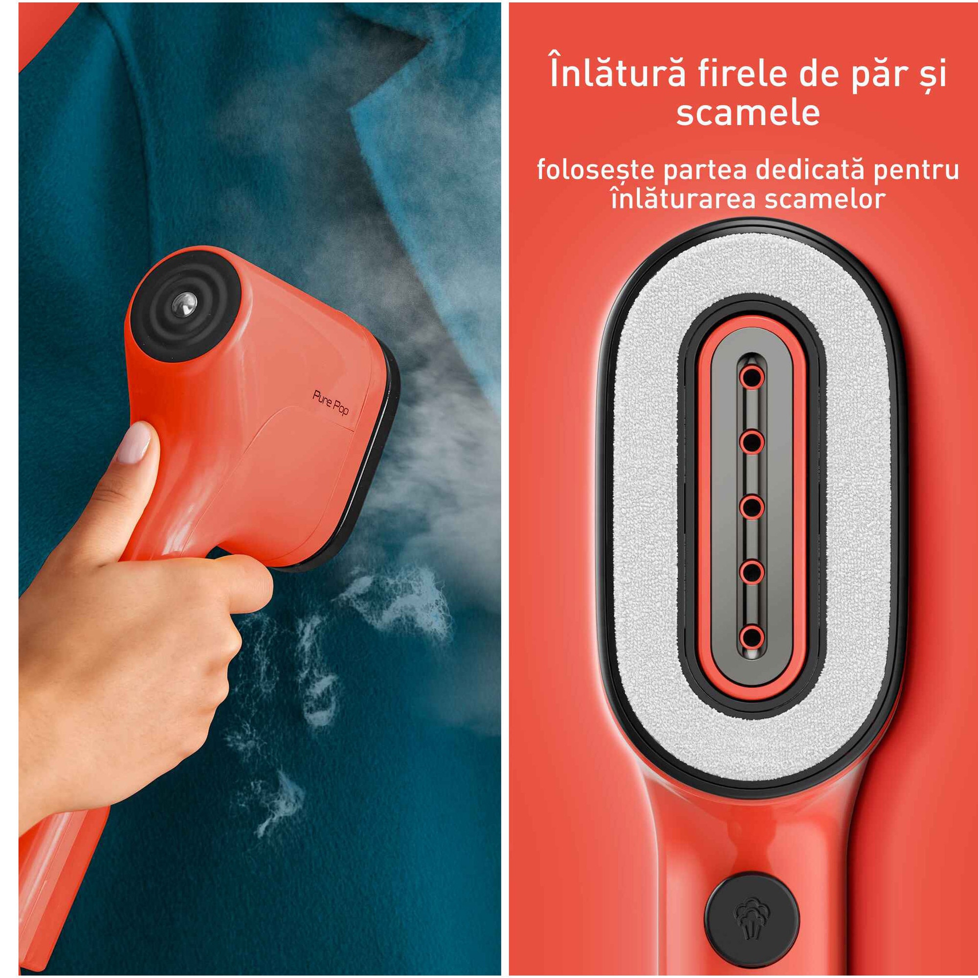Aparat de calcat vertical cu abur Tefal Pure Pop DT2022E1, 1300W, abur variabil pana la 20g/min, recipient apa 70 ml detasabil, paduri reversibile, incalzire rapida 15 secunde, rosu
