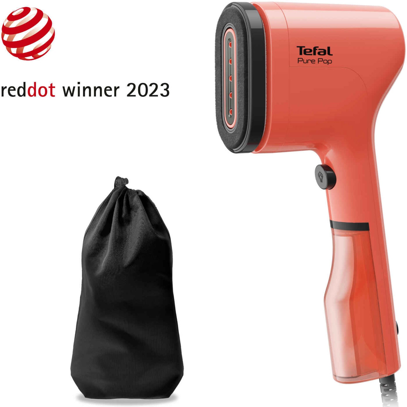 Aparat de calcat vertical cu abur Tefal Pure Pop DT2022E1, 1300W, abur variabil pana la 20g/min, recipient apa 70 ml detasabil, paduri reversibile, incalzire rapida 15 secunde, rosu