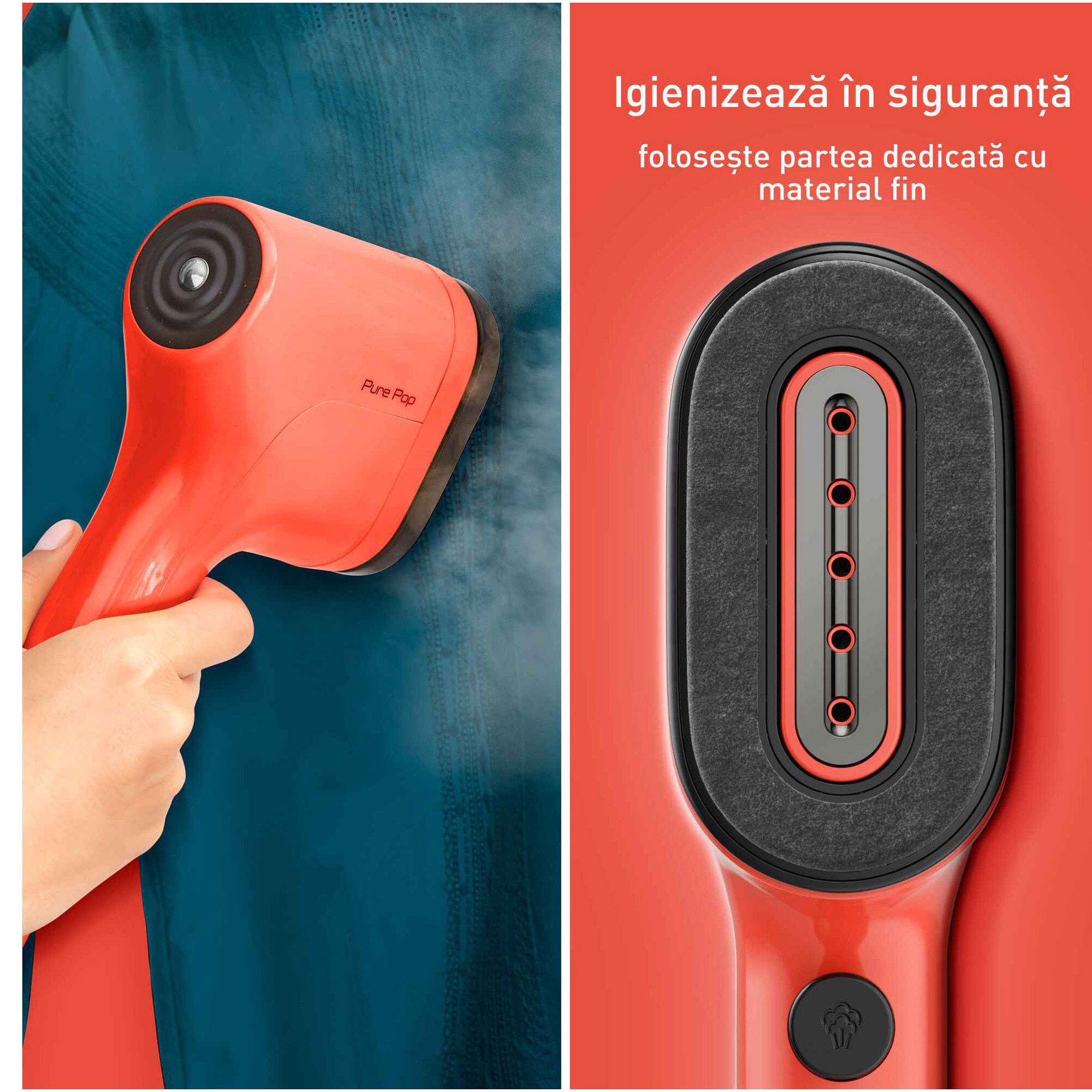 Aparat de calcat vertical cu abur Tefal Pure Pop DT2022E1, 1300W, abur variabil pana la 20g/min, recipient apa 70 ml detasabil, paduri reversibile, incalzire rapida 15 secunde, rosu