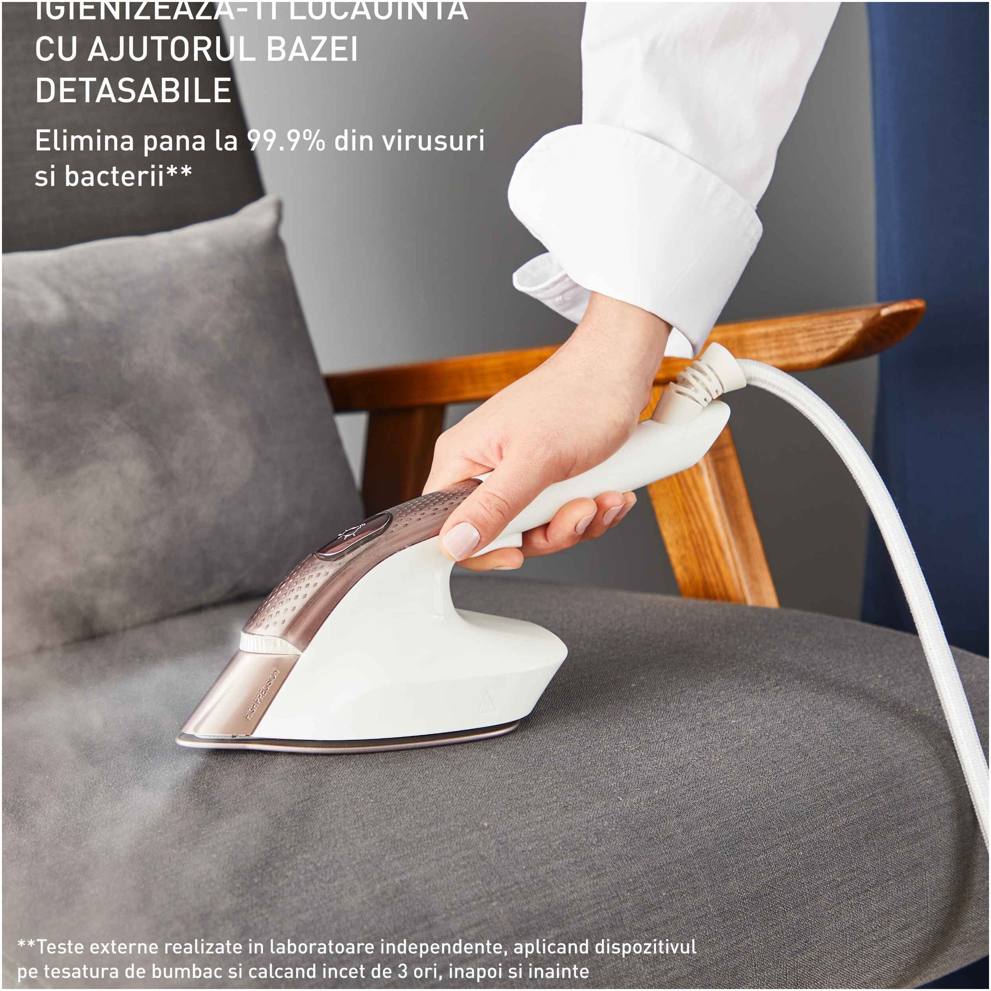 Aparat de calcat vertical cu abur Tefal Ixeo Vision QT1811E0, 2170W, jet de abur 200 g/min, abur variabil 0-80 g/min, 3 trepte de putere, rezervor apa 1.2L, incalzire in 70 sec, oprire automata, iluminare LED, alb & roz