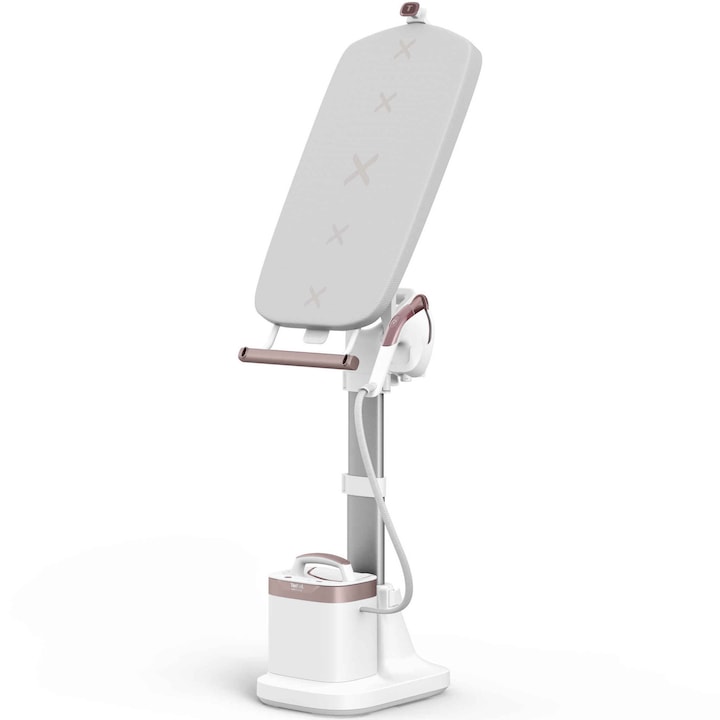 Tefal Ixeo Vision QT1811E0 függőleges gőzölős vasaló, 2170W, 200 g/perc gőzsugár, 0-80 g/perc változtatható gőz, 3 teljesítményszint, 1.2 l víztartály, 70 másodperc alatt felmelegszik, Automatikus kikapcsolás, LED világítás, Fehér/Rózsaszín