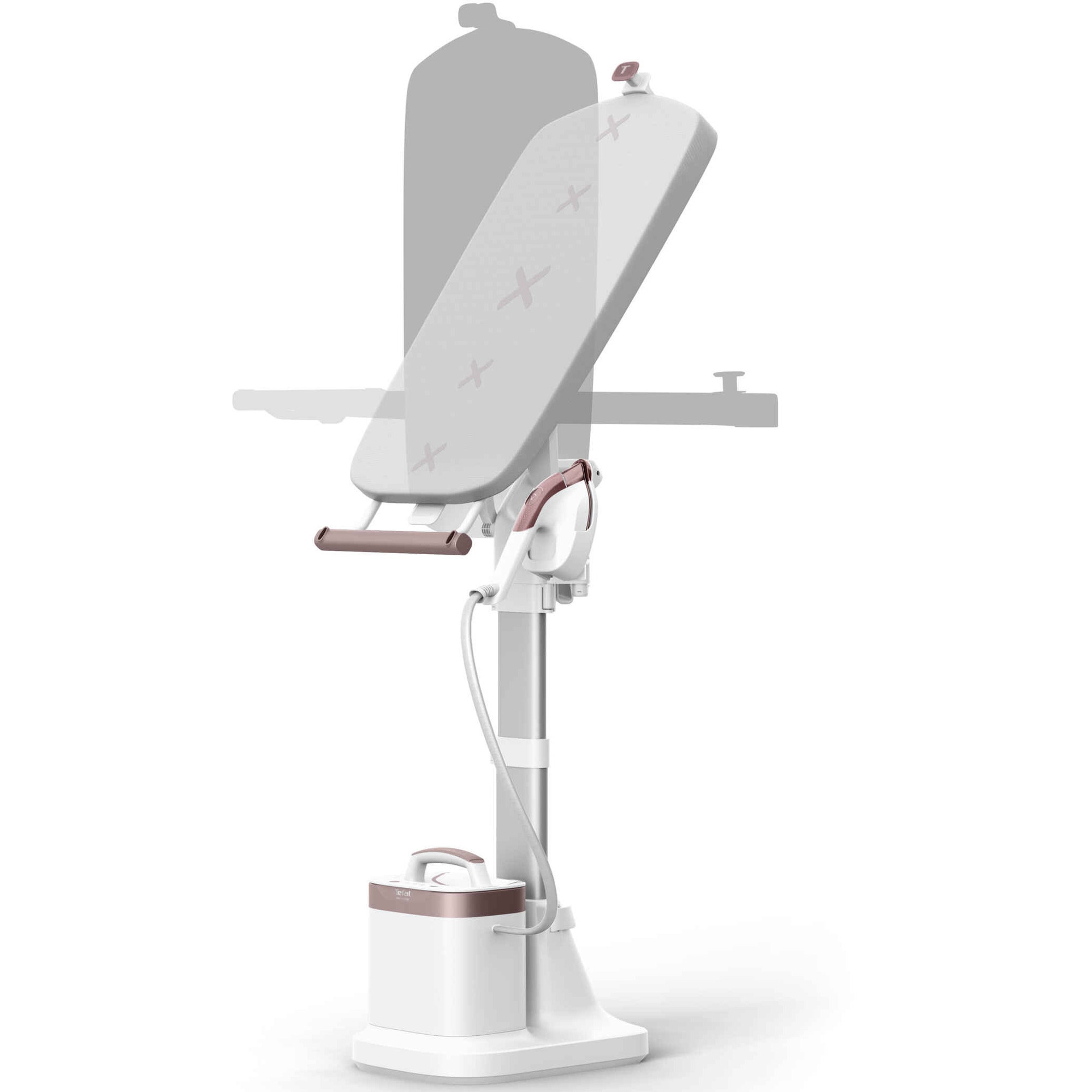 Aparat de calcat vertical cu abur Tefal Ixeo Vision QT1811E0, 2170W, jet de abur 200 g/min, abur variabil 0-80 g/min, 3 trepte de putere, rezervor apa 1.2L, incalzire in 70 sec, oprire automata, iluminare LED, alb & roz