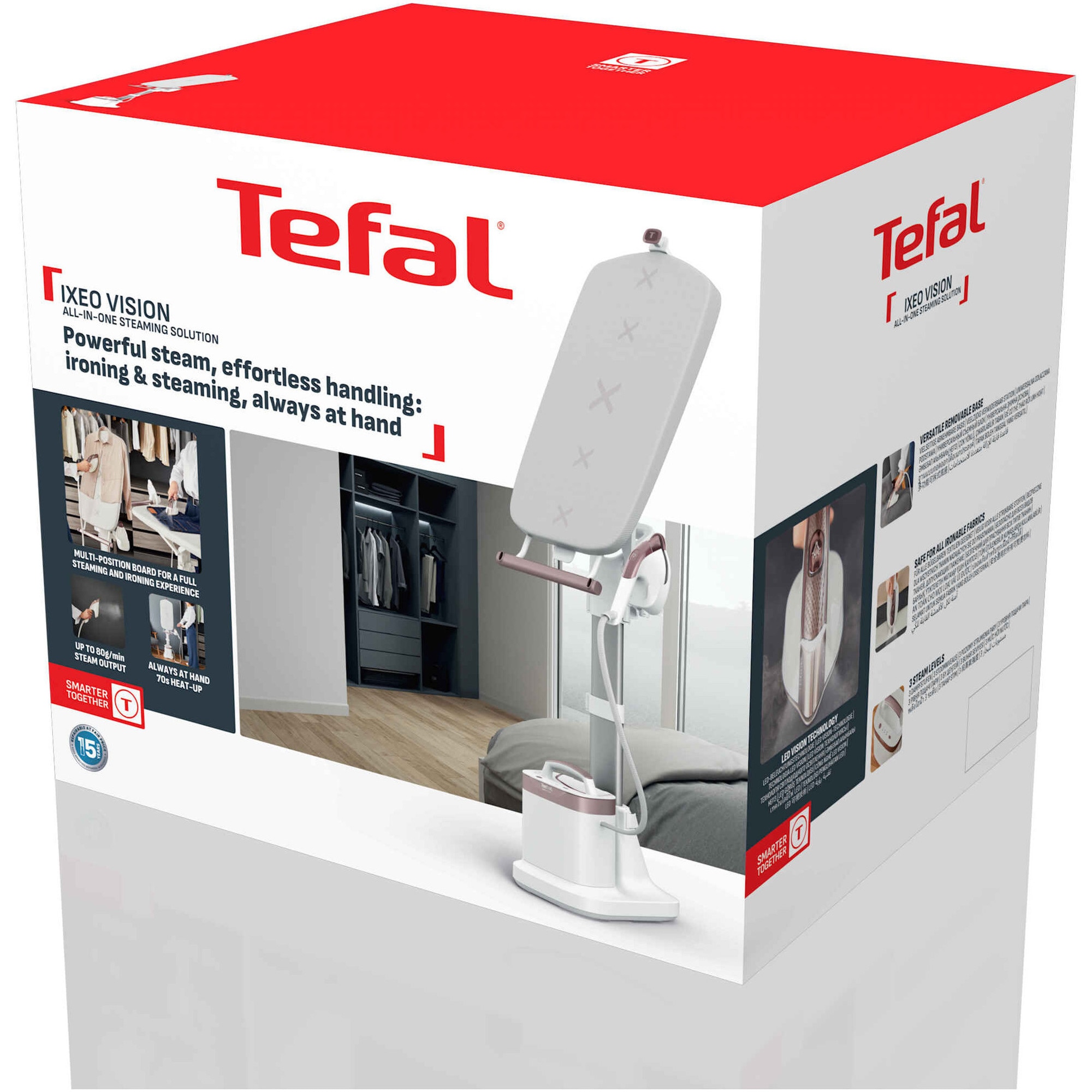 Aparat de calcat vertical cu abur Tefal Ixeo Vision QT1811E0, 2170W, jet de abur 200 g/min, abur variabil 0-80 g/min, 3 trepte de putere, rezervor apa 1.2L, incalzire in 70 sec, oprire automata, iluminare LED, alb & roz