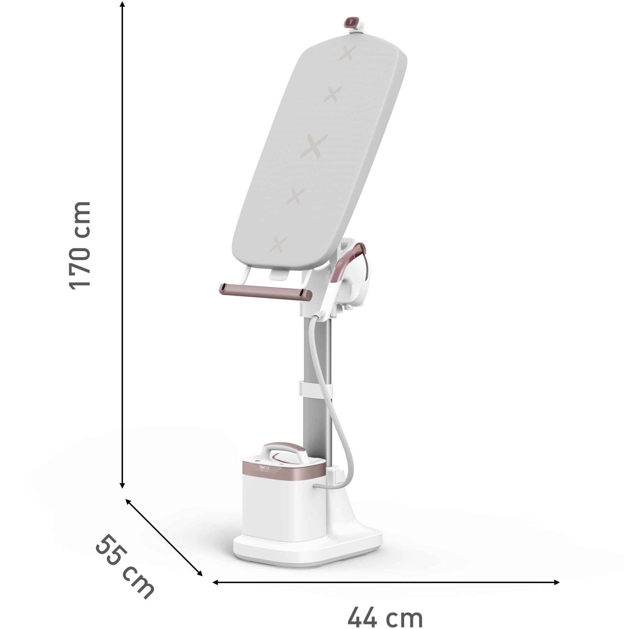 Aparat de calcat vertical cu abur Tefal Ixeo Vision QT1811E0, 2170W, jet de abur 200 g/min, abur variabil 0-80 g/min, 3 trepte de putere, rezervor apa 1.2L, incalzire in 70 sec, oprire automata, iluminare LED, alb & roz