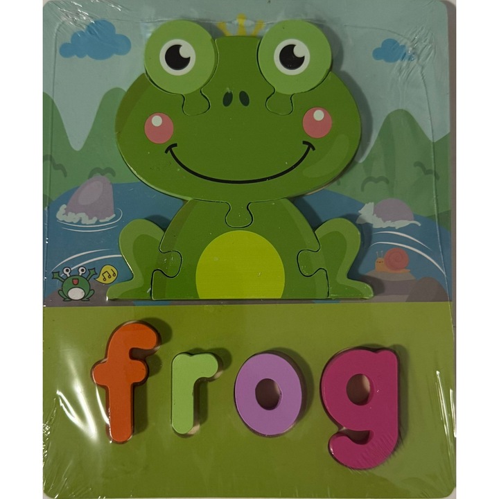 Puzzle din Lemn - Broscuta Vesela + Litere, Frog