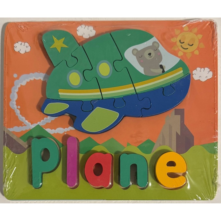 Puzzle din Lemn - Avion Cu Ursulet + Litere, Plane