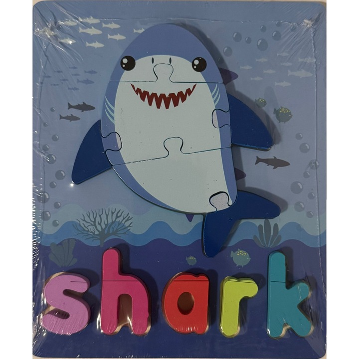 Puzzle din Lemn - Rechin Dragut + Litere Colorate, Shark