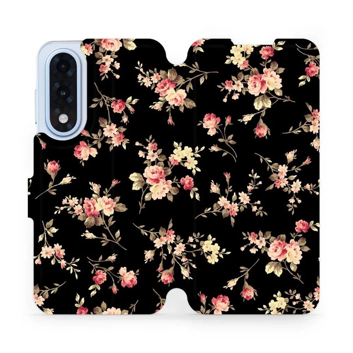 Флип калъф Mobiwear за OnePlus Nord CE5, дизайн цветя на черен фон, устойчив на удари и надрасквания, размери 10x15x22см