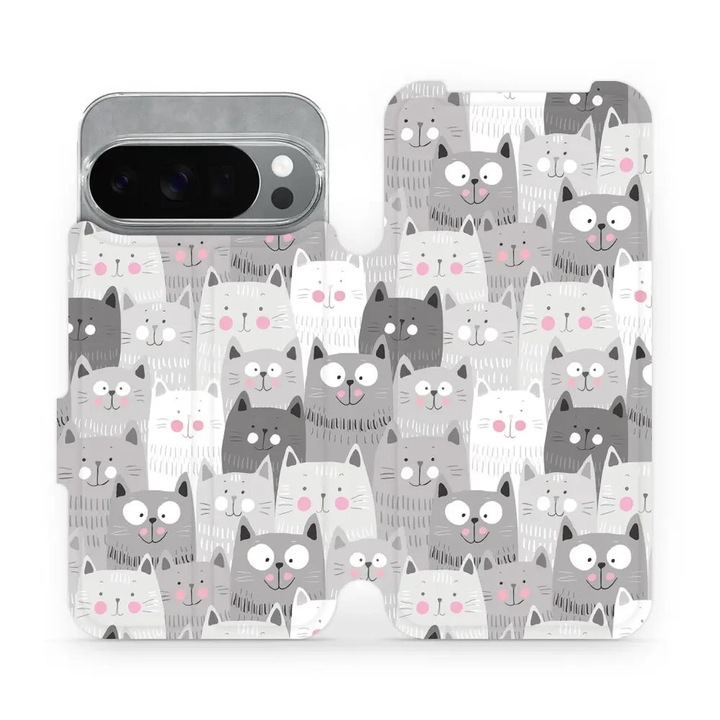 Husa flip Mobiwear pentru Google Pixel 10 Pro, design pisici, rezistenta la socuri si zgarieturi, gri