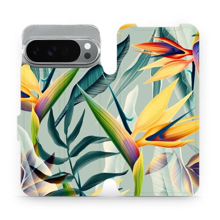 Husa flip Mobiwear pentru Google Pixel 10 Pro XL, design flori si frunze, verde, material ecologic