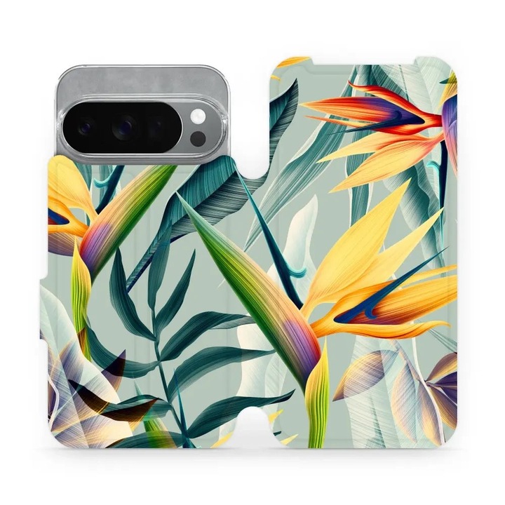 Husa flip Mobiwear pentru Google Pixel 10 Pro, flori mari verzi, design elegant, material ecologic, multicolor