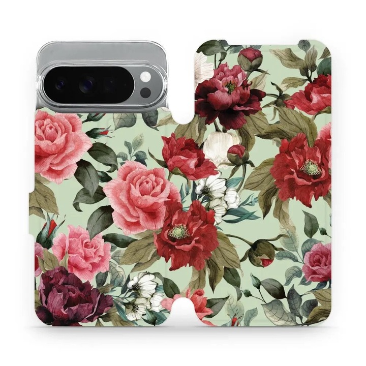 Husa flip Mobiwear pentru Google Pixel 10 Pro XL, design flori, verde, material ecologic