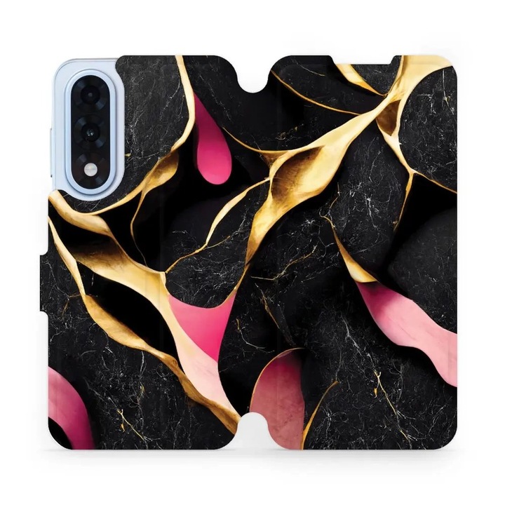 Флип калъф Mobiwear за OnePlus Nord CE5, с черен и златен мраморен десен, устойчив на удари и надрасквания, материал от екологична кожа