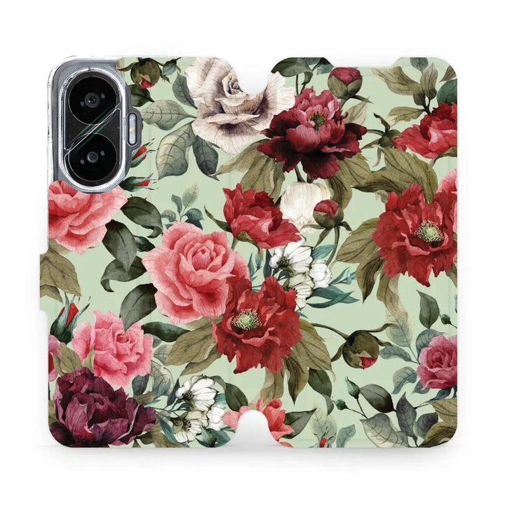 Husa flip Mobiwear pentru Xiaomi Poco F7, design flori pe verde, rezistent la socuri si zgarieturi